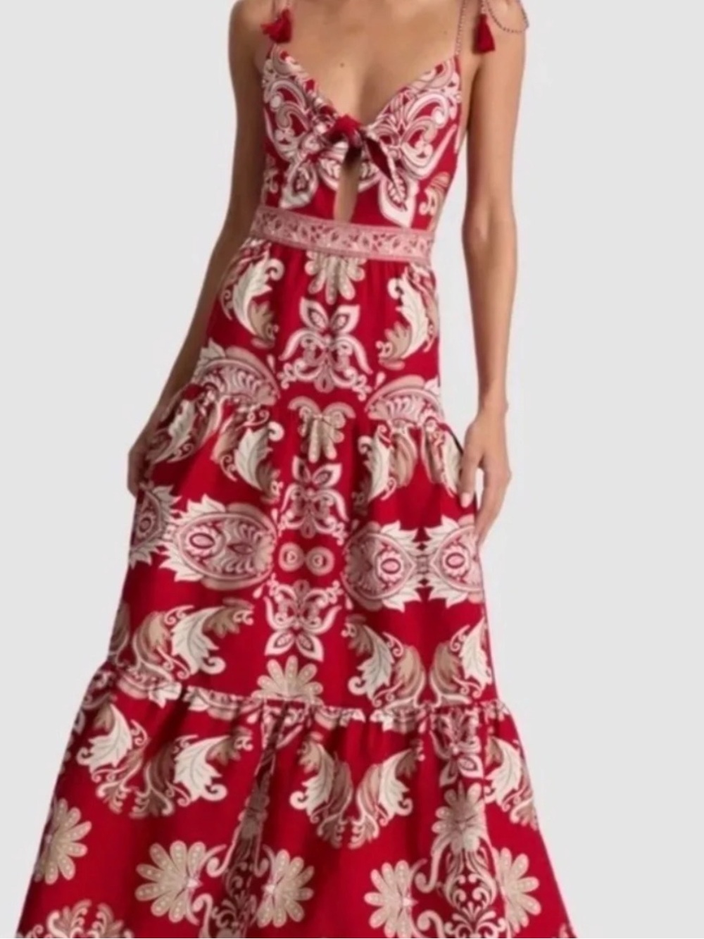 Alice + Olivia Red and Cream Printed Tie-Front Maxi Dress